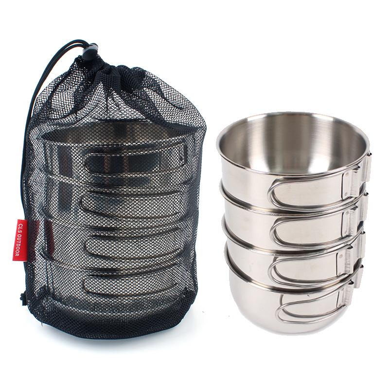 CLS Outdoor Folding Cup Set 304 Stainless Steel Hiking Camping 650ml Large 4-piece Cup Set Folding Bowl Combination Tableware