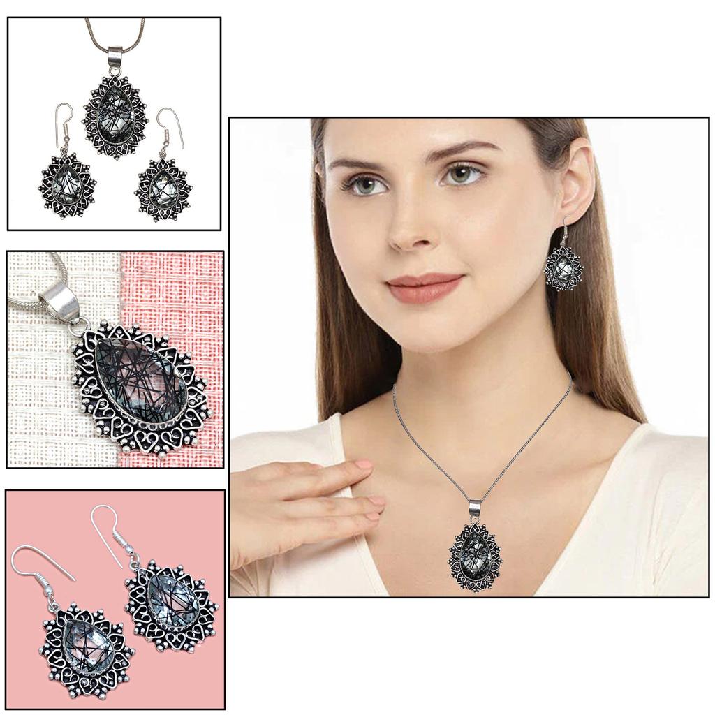 Rutile  Golden Set Earring Jewelry 18-20'' Pendant Quartz Sterling