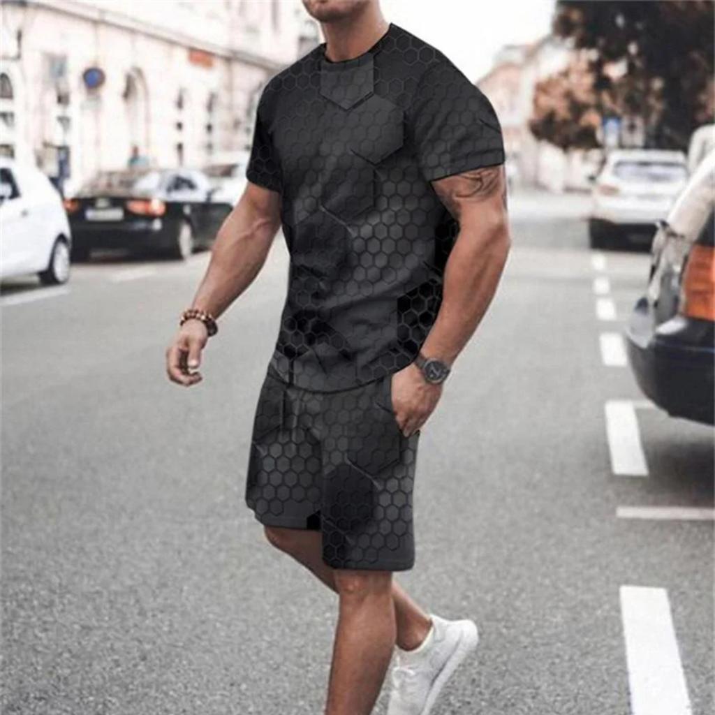 Summer Men's Oversized T-shirt Short-sleeved Sportswear Set White Black Crewneck Lion Print Fashion Comfortable Clothing