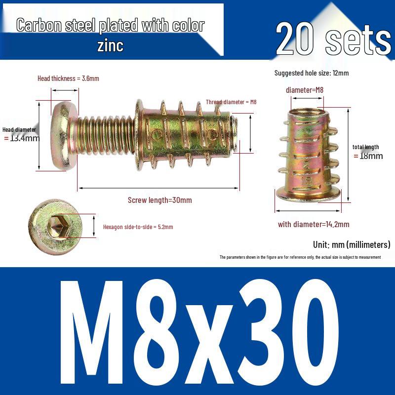 Flat Head Hex Socket Screws & Pre-embedded Nut Set for Wooden Bed Connectors