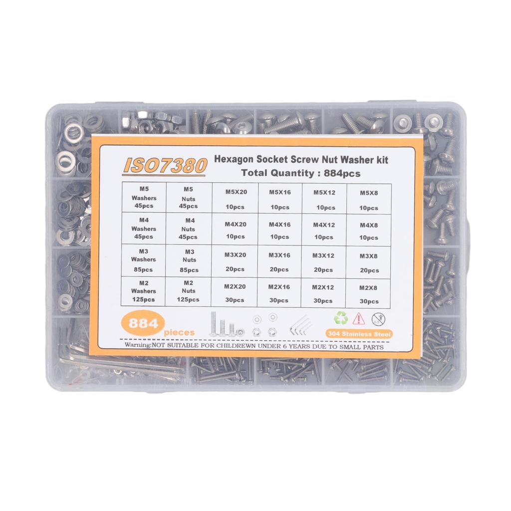 884 Pcs Screw Nut Washer Wrench Kit M2 M3 M4 M5 Half Round Head Hex Socket Screws Nuts Washers Wrench Set