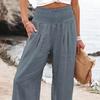 Women Pants Pleated Elastic Waist Straight Wide Leg Long Trousers with Pockets Pure Color Loose Fit Summer Lounge Pants