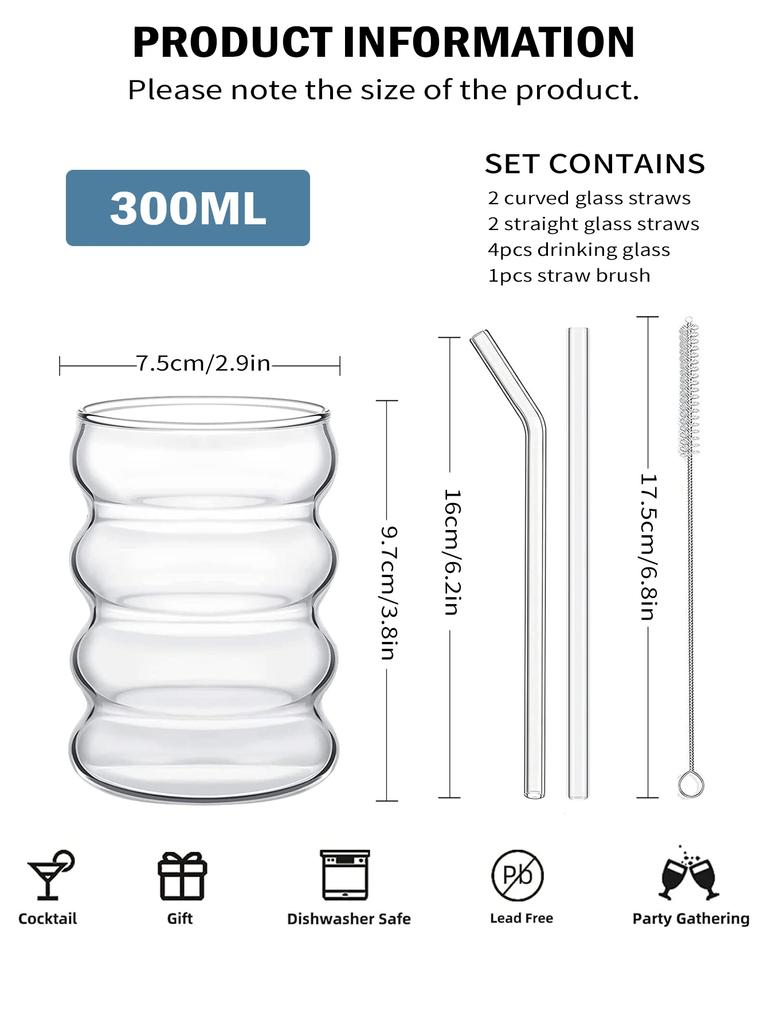 Leeseph 4Pcs Creative Glass Cups Coffee Mug Vintage Drinking Glasses Ribbed Glassware Aesthetic Cups with Straws Set