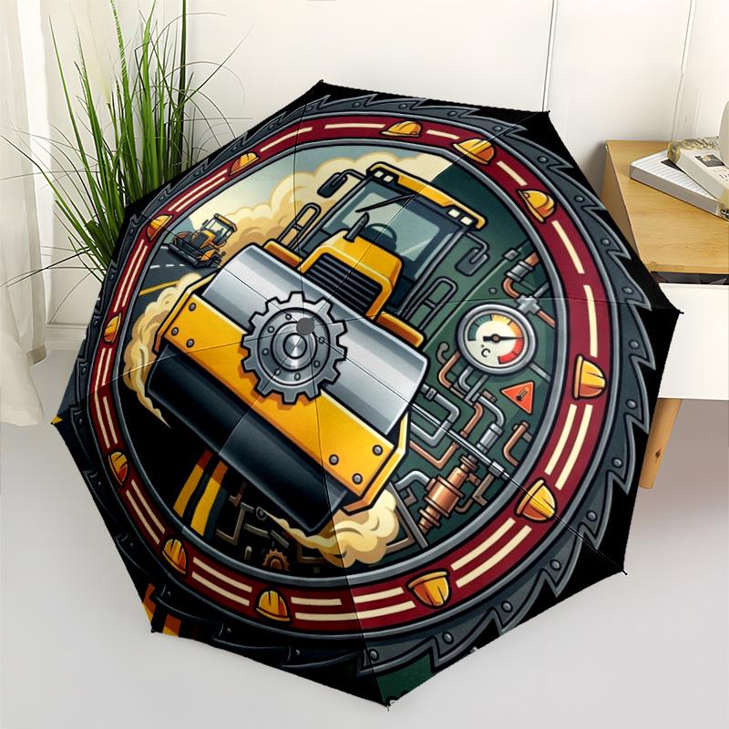 Construction Machinery Illustration Pattern Umbrella, Portable and Foldable Design, 8 Ribs, a Casual Accessory for Friend's Birthday Gifts.
