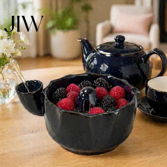 Ciotola Scolapasta per Fragole in Ceramica, con Beccuccio Laterale e Fori per Drenaggio Frutta, Auto-Girevole