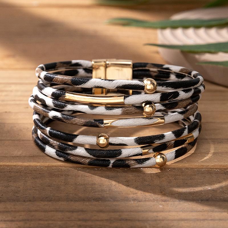 Hot and sexy leopard print magnetic buckle bracelet ins style design is sweet and cool exaggerated pu leather jewelry tide