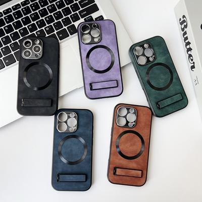 Für Magsafe Magnetische Schaffell Klappständer Telefonhülle für iPhone 16 Pro 15 14 Plus 13 12 Pro Max 11 Stoßfester Linsenschutz Einfarbige Abdeckung