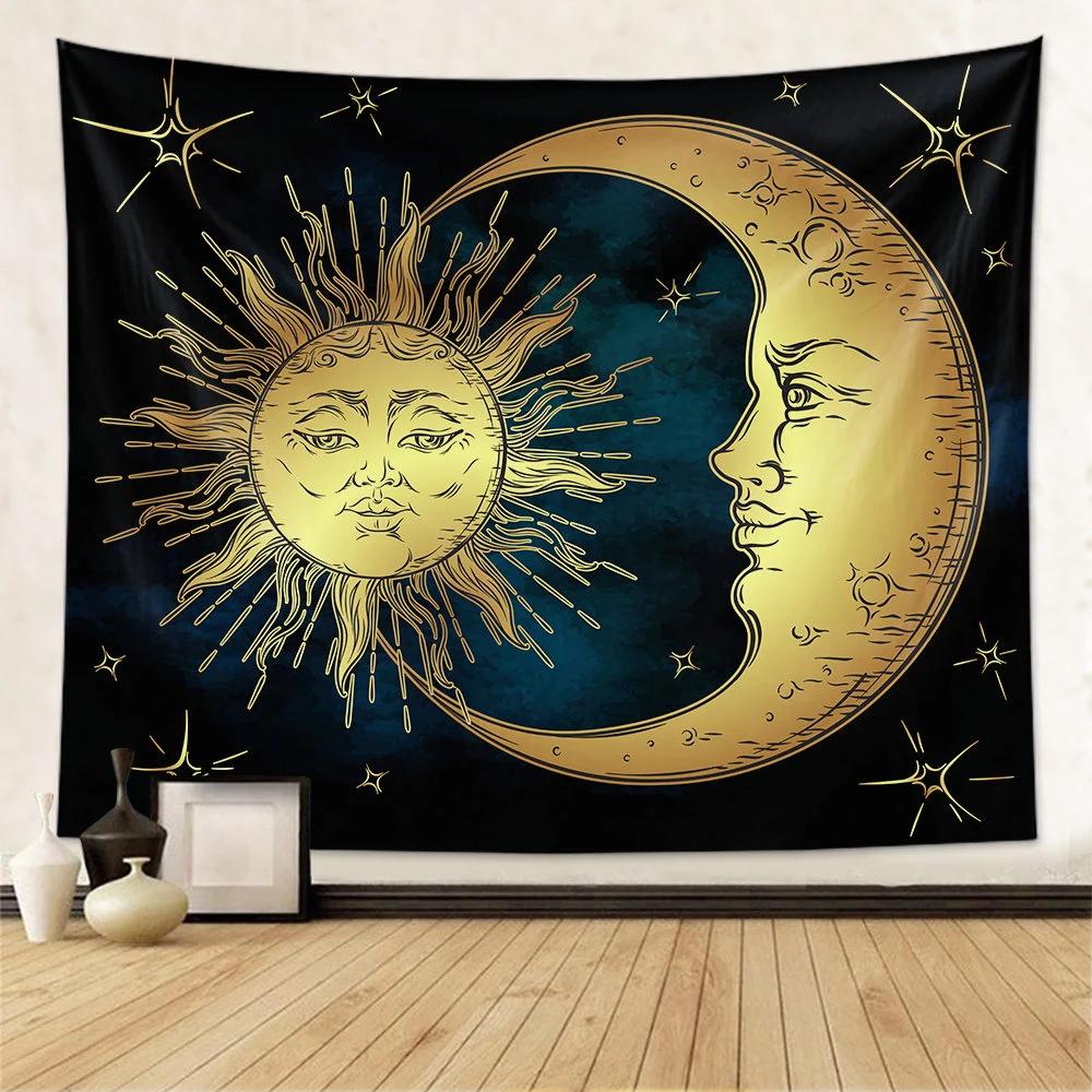 Gold Sun and Moon Wall Hanging Tapestry Celestial Zodiac Decor for Boho Bedroom Spiritual Room Dorm Witch Altar Gift Aesthetic