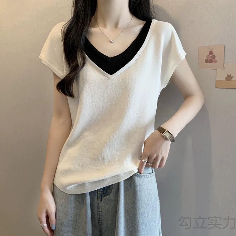 Women Clothing Fashion Patchwork V-neck Knit T-shirt Summer Casual Loose All-match Short Sleeve Pullover Office Lady Thin Tops