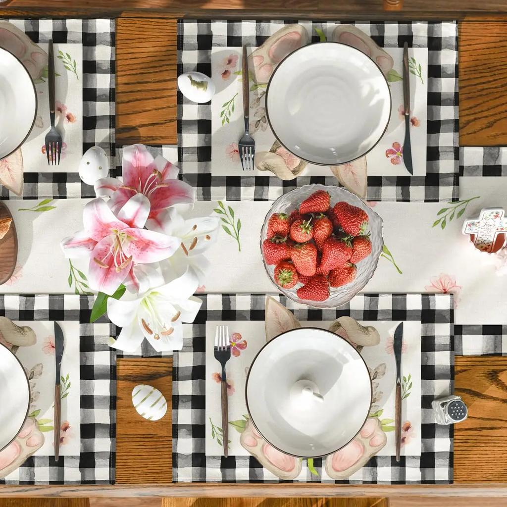 1PC Easter Placemats Buffalo Plaid, Bunny Ear Foot, Flower,Seasonal Table Mats for Party, Kitchen, Dining Decor