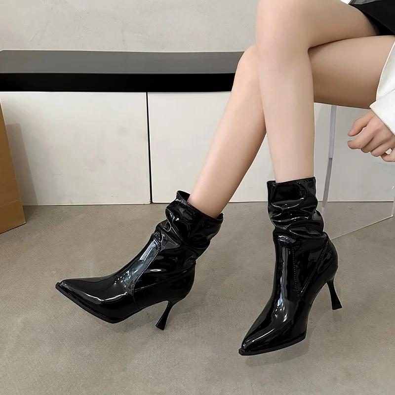 Women's Shoes 2024 Fashion Sleeve Women's Boots Autumn Pointed Toe Solid Sexy Dress Short Barrel Stilettos or Thin Heels Boots