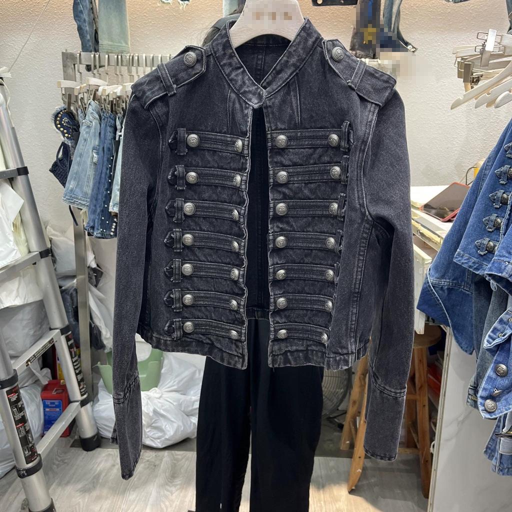 Top de Manga Larga con Decoración de Hebilla Estilo Corte Retro para Moda de Primavera y Otoño Chaqueta Corta de Mezclilla con Cuello Alto
