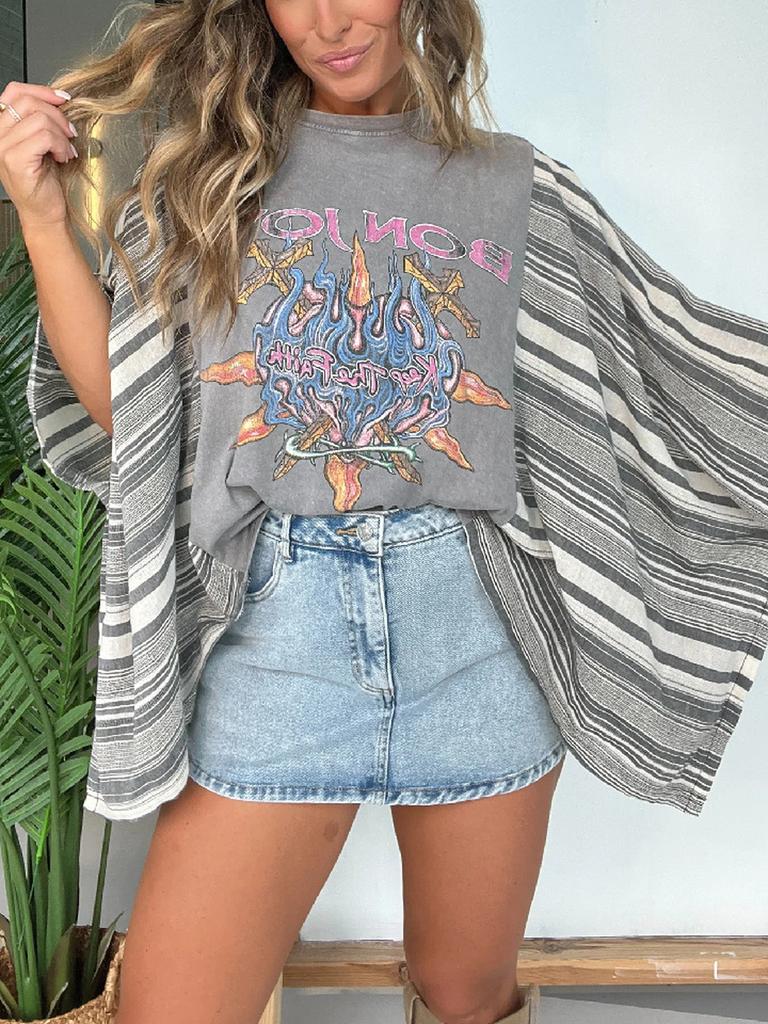 New Printed Crew Neck Loose Casual Batwing Sleeve Top for Women