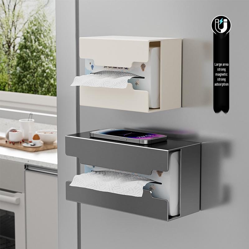 Magnetische Aan de Muur te Bevestigen Keuken Tissuebox en Opbergrek: Zonder boren, Multifunctionele Keukenrolhouder.