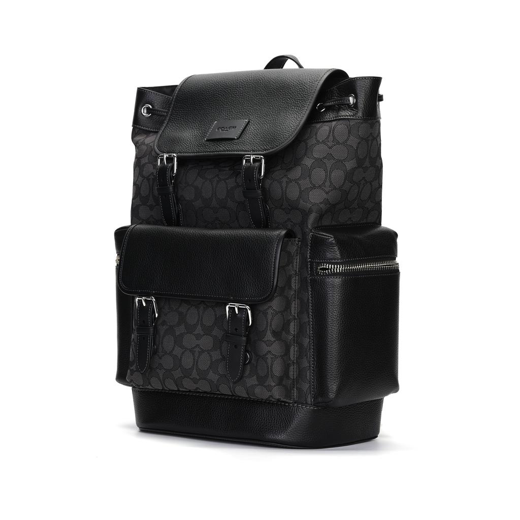 Coach Sprint 29 Drawstring And Buckle Closure Leather And Fabric Backpack Large Men Backpack Charcoal-Gray Black CT016-SVO1U