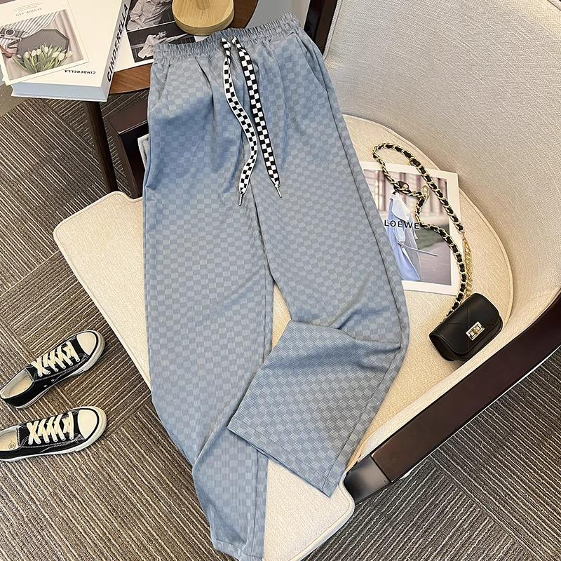 145 Petite Ice Silk Plaid Wide-Leg Pants for Women - Thin, High-Waist, Straight-Leg, Casual Fit for Spring and Autumn