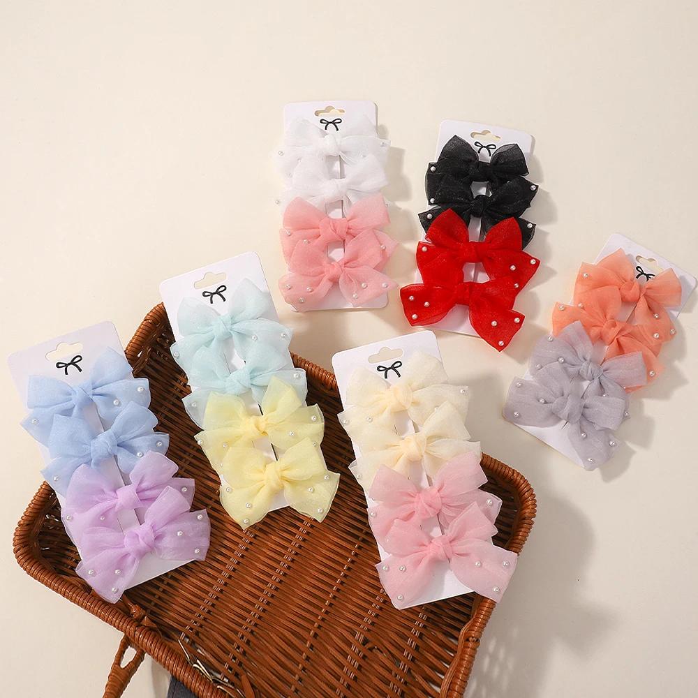 4Pcs/Set Sweet Pearl Bows Hair Clips for Girls Cute Side Clip Solid Color Hairpin Handmade with Bow Hair Accessories Headdress
