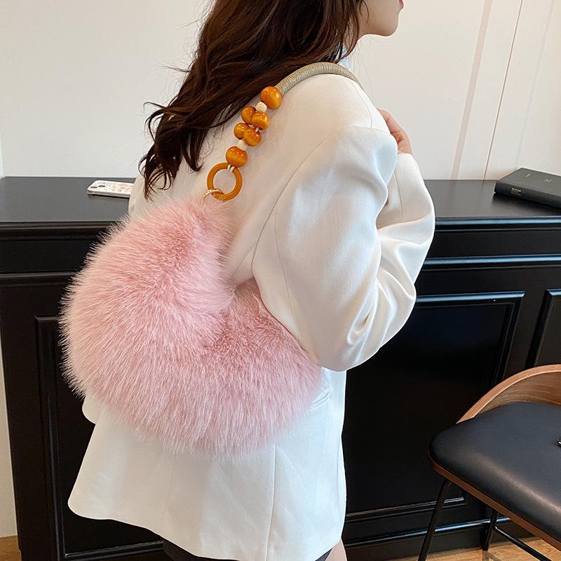 European and American retro plush handbag beaded niche shoulder bag 2025 autumn new fashion foreign plush bag