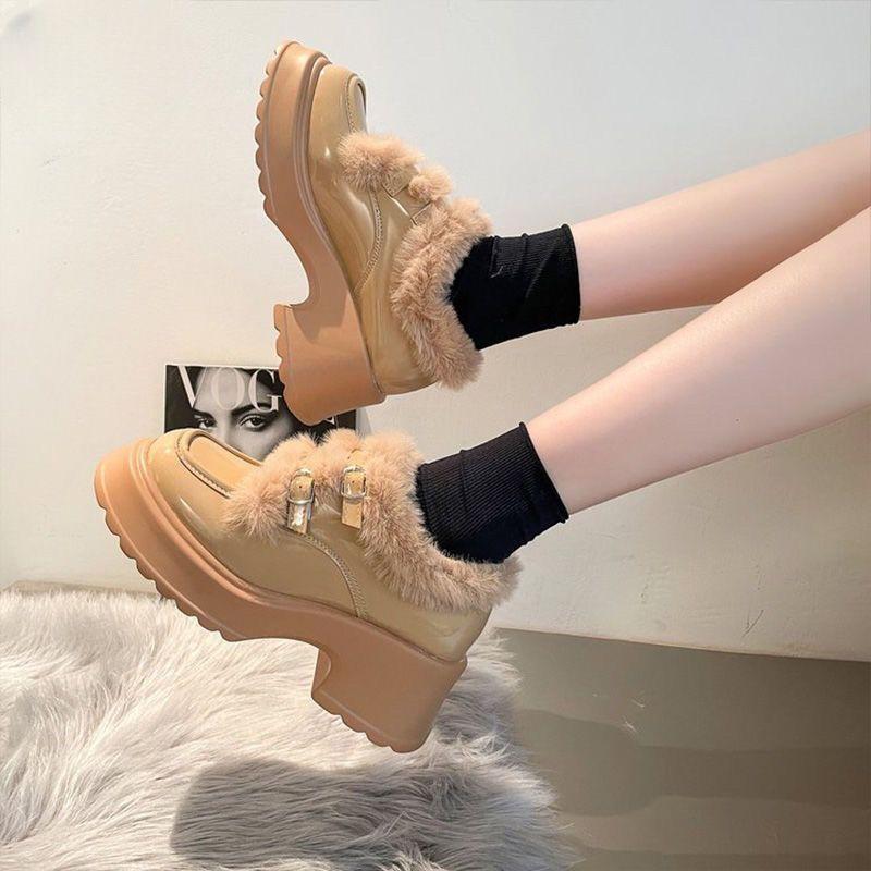 Fleece platform small leather shoes women's 2025 new autumn and winter warm college style muffin single shoes British loafer cotton shoes