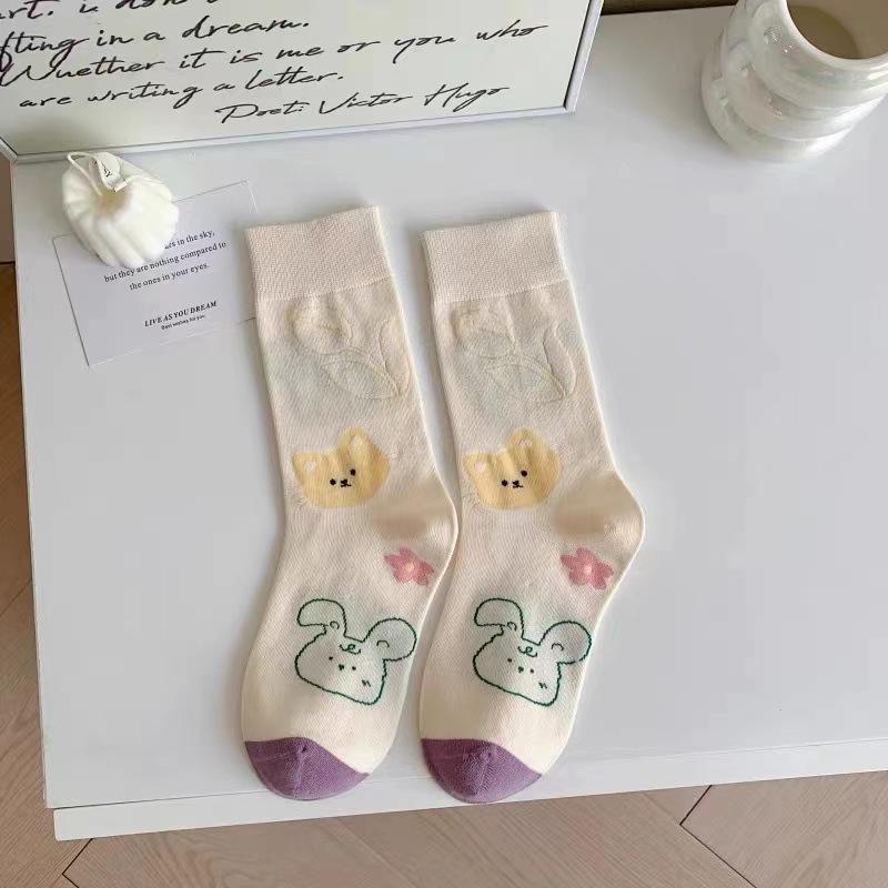 Cute Cartoon Print Women Cotton Socks Spring Autumn Soft Sweet Floral Middle Tube Sock JK Korean Harajuku Girls Socks Sokken