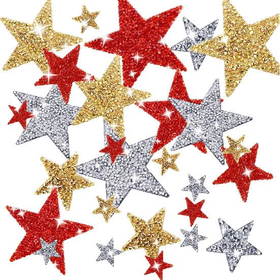 27 Pieces Rhinestone Star Patches for DIY, 4 Sizes Iron On Adhesive Glitter Star Appliques for Clothing Repair and Decoration (Gold, Silver, Red,