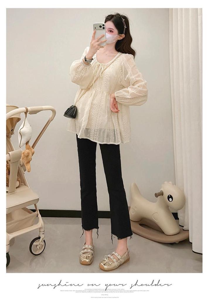 Embroidered Long Sleeve Maternity Doll Shirt: Versatile Loose Fit for Spring & Autumn