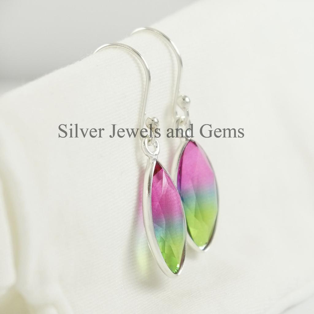 Watermelon Tourmaline Earrings: Marquise 925 Sterling Silver Bezel Earring