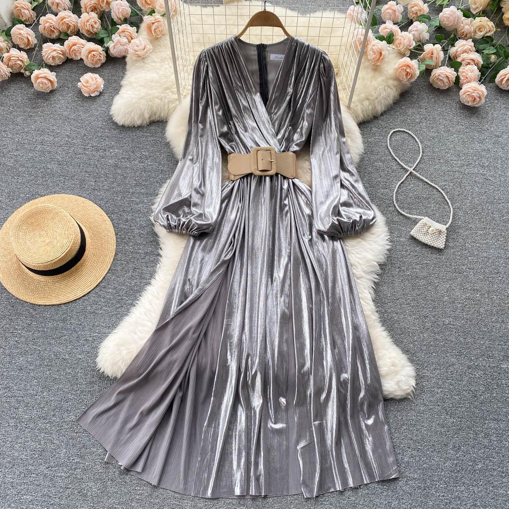 RUGOD Rochii europene și americane Temperament high-end cu decolteu în V Talie subțire și ușoară Stil matur Rochie lungă cu leagăn mare Femei