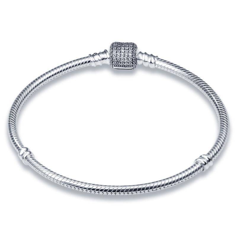 

925 Silver Snake Chain Bracelet 17-21CM with Zirconia Cylindrical Head Fit DIY Charms Beads for Women 17cm