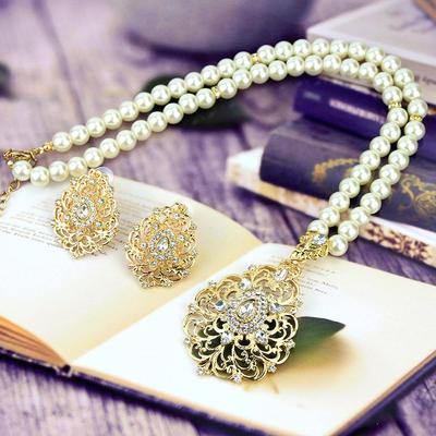 Gold Color Pearl Chain Pendant Necklace Earring Sets for Women Ethnic Wedding Jewelry Bridal Gift