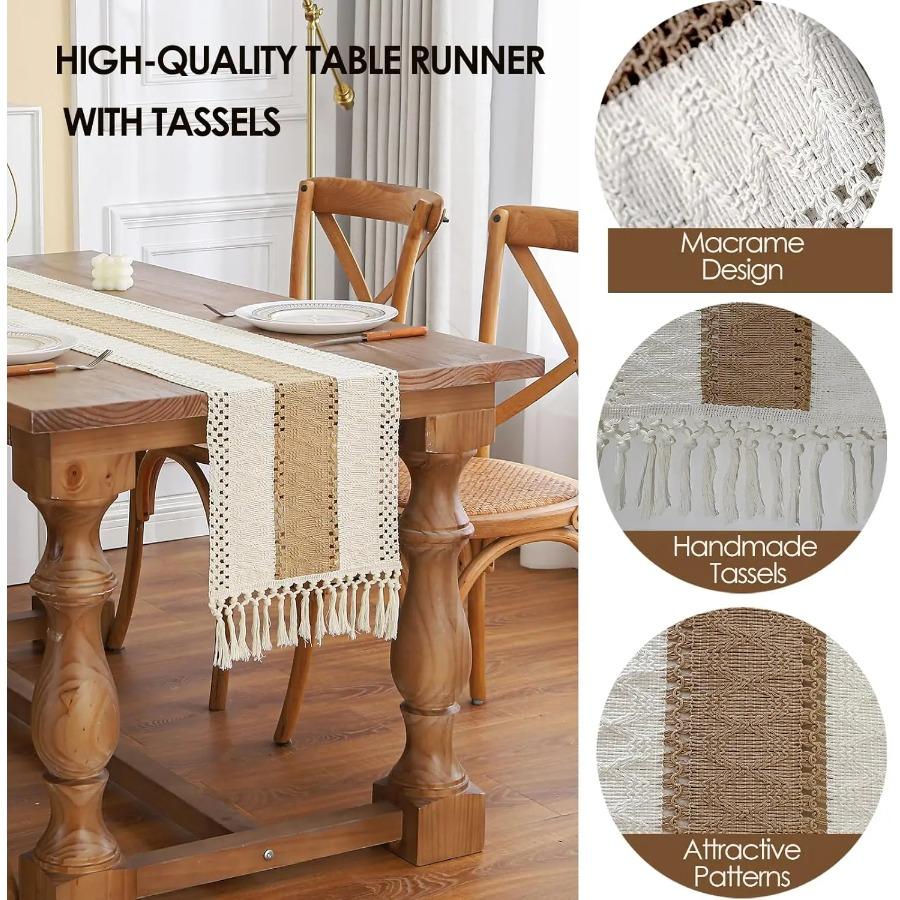 Boho Farmhouse Linen Table Runner with Tassels–Rustic Macrame Burlap Cotton Blend for Summer Home Decor and Holiday Events