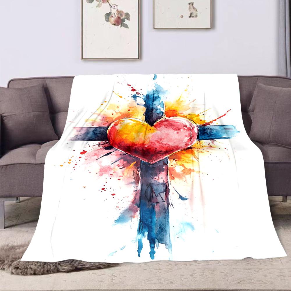 Heart and Cross Watercolor Art Patterned Flannel Blanket Perfect for the Bedroom Living Room, Sofa, or a Little Nap