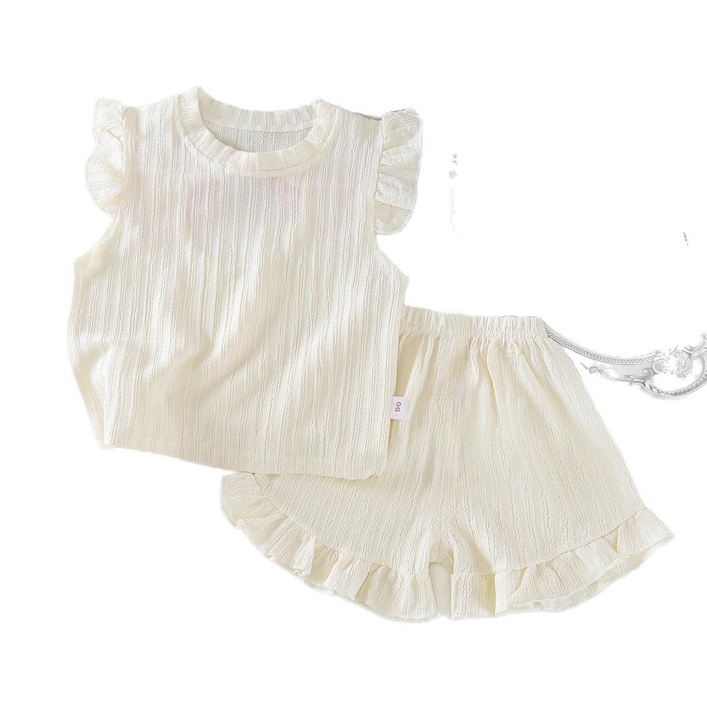 Girls Summer Bowknot Textured Flutter Sleeve Ruffle Shorts 2 Piece Set Kids Home Wear Loungewear Outfit