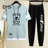2Pcs/Set Men Casual Sportwear O-Neck Short Sleeve Bear Pattern T-shirt Elastic Waist Sweatpants Set Loose Fit Sports Wear