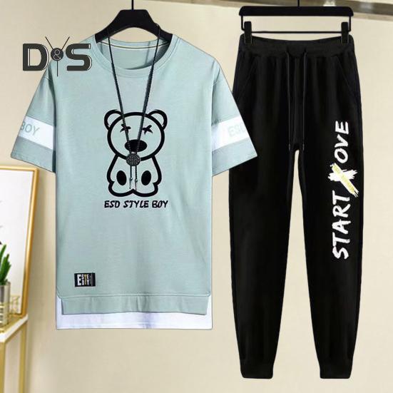 2Pcs/Set Men Casual Sportwear O-Neck Short Sleeve Bear Pattern T-shirt Elastic Waist Sweatpants Set Loose Fit Sports Wear