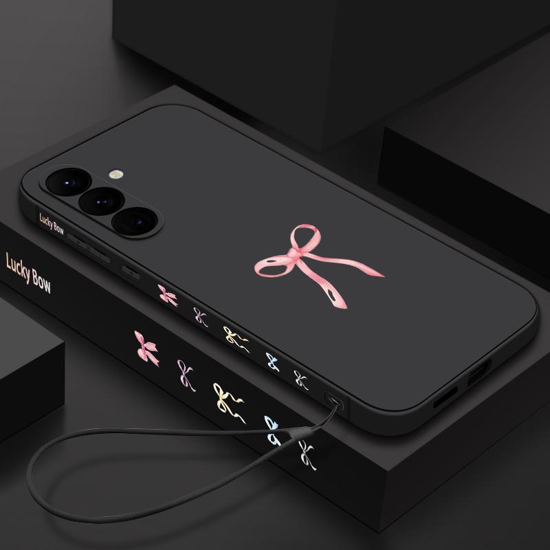 Pink Bow Pattern Phone Case For Samsung Galaxy A57 A17 A56 A16 A55 A15 A54 A36 S25 FE S26 S24 S23 S22 Ultra Soft Lanyard Cover