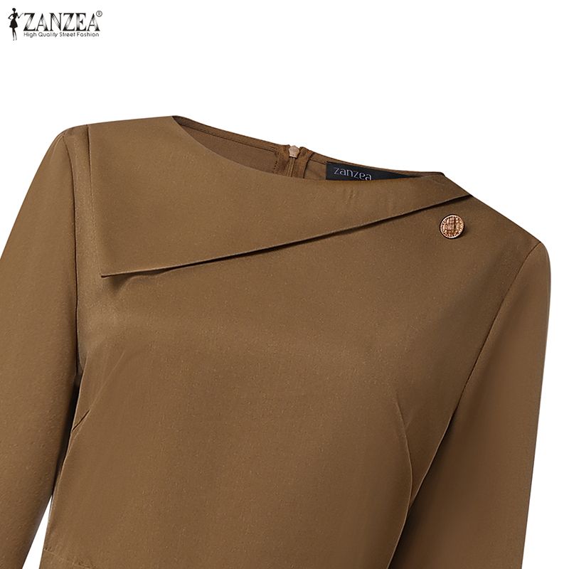 ZANZEA Women Casual Round Neck Elegant Long Sleeve A-Line Dress