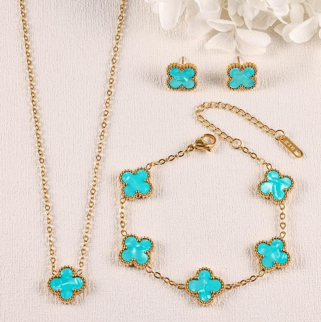 3PCS Clover 18K Gold Plated Necklace Bracelet Earnail Set Women's Light Luxury Colorful Fashion Accessories