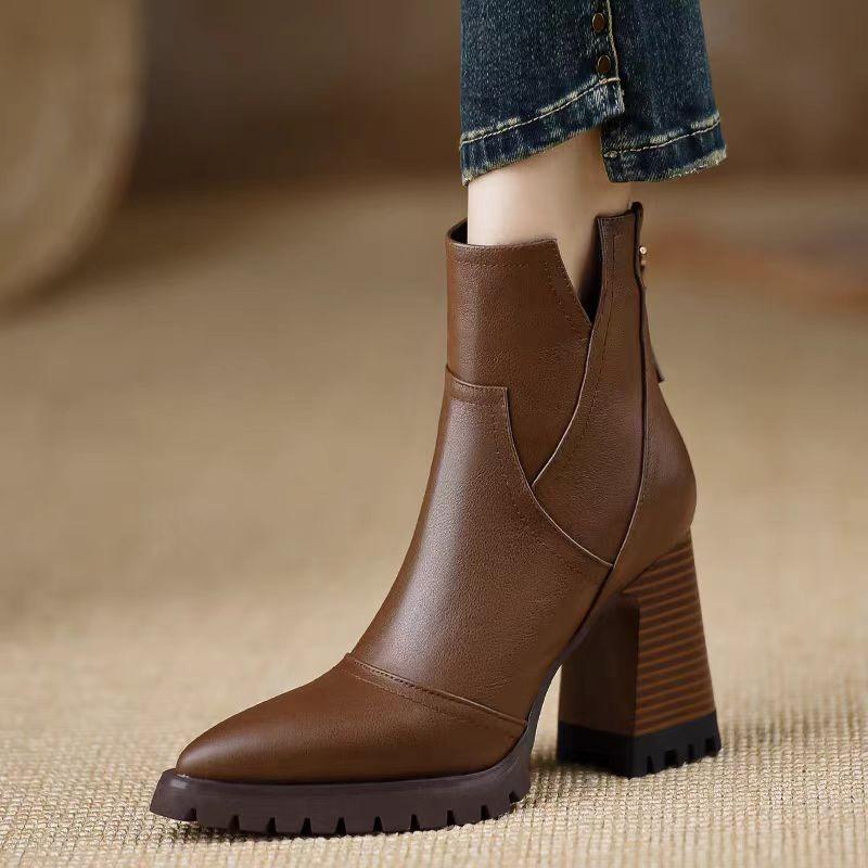 Fashion New Style Woman Chunky Ankle Boots Women Zipper Retro Brown Soft Leather Short Boots Autumn Square Toe Casual High Heels Boots