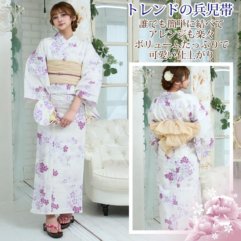 RAVIR Yukata Lovely Wisteria and Pink Fluffy Obi Belt and One Size Fits All Women's 3-Piece Set, Designs, Sandals, Cream,