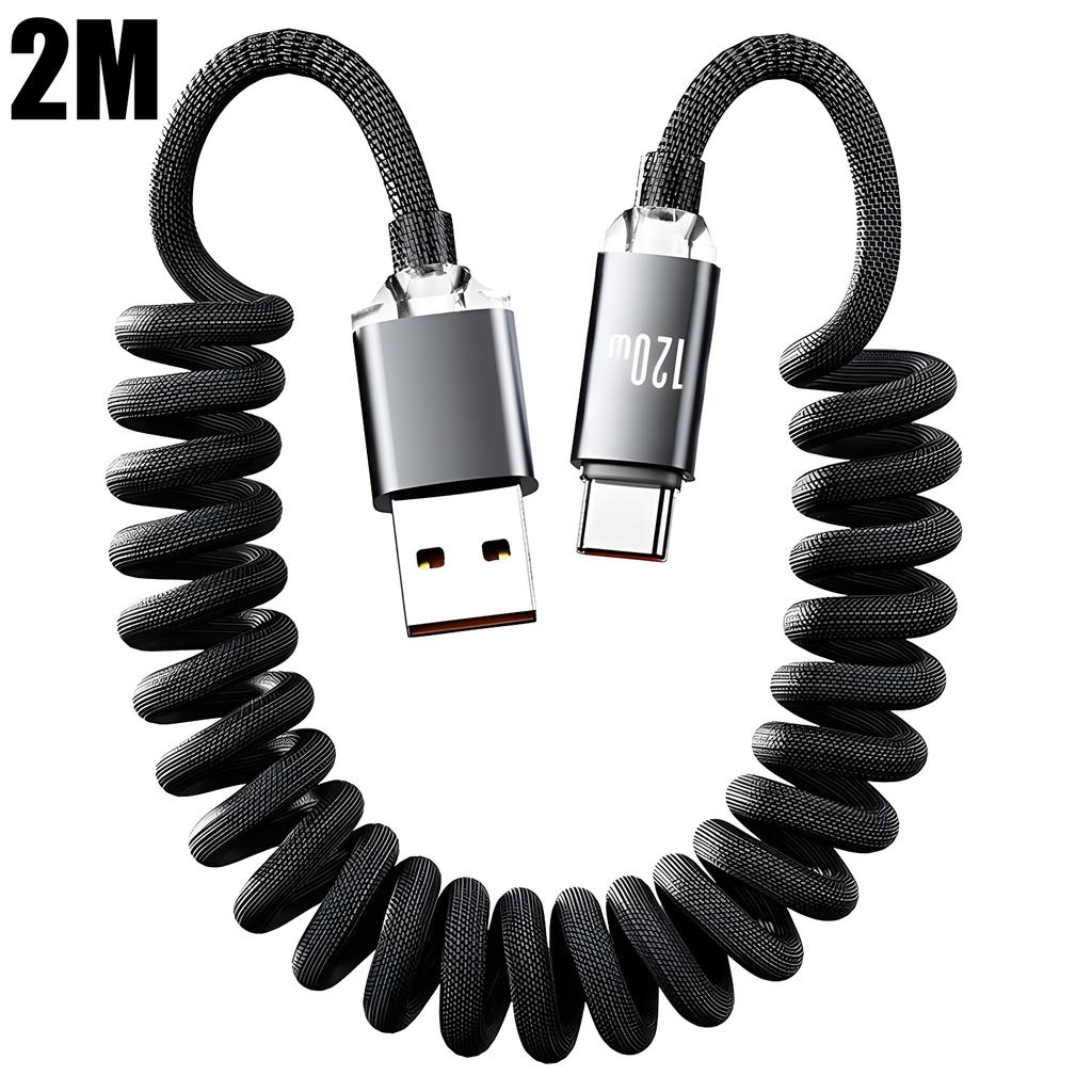 120W Car Spring Data Cable Retractable USB C To Type C Fast Charging Cable for Iphone 17 16 15 Samsung Dual Type C Cable 1m 2m