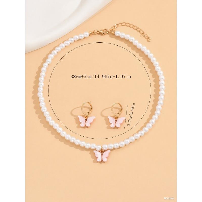 Fashion Faux Pearl Bow Pendant Necklace Earrings Jewelry Set For Women