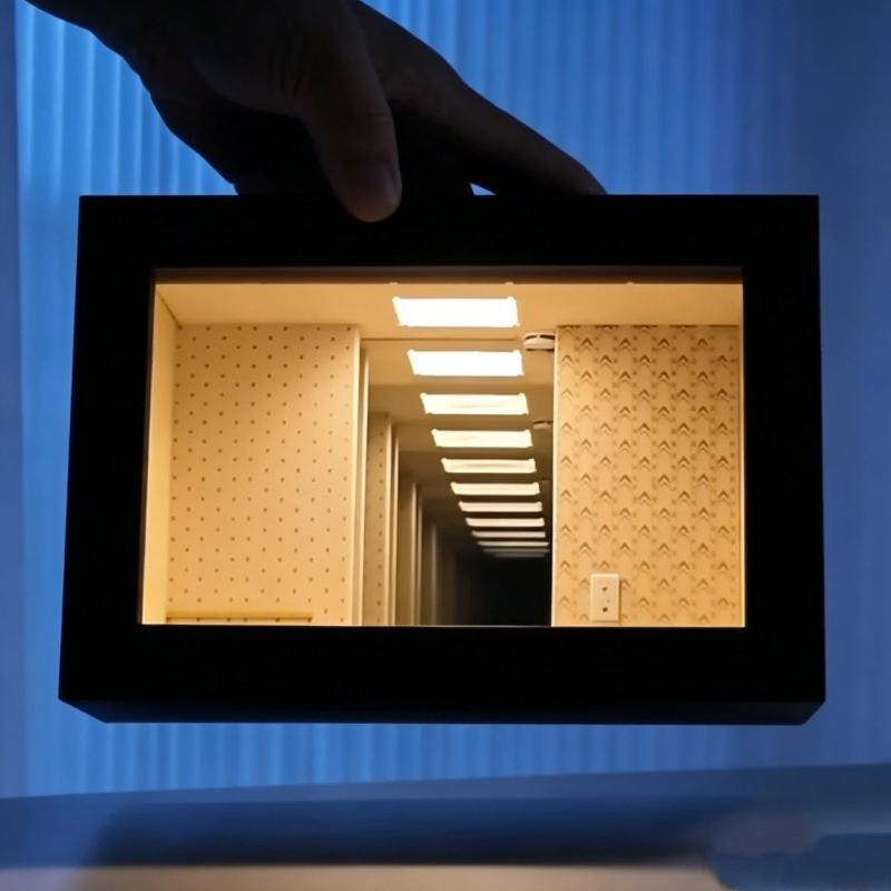 Wooden LED Abyss Mirror Photo Frame Dimmable Creative Landscape Decor for Blind Box Action Figures Tabletop Display Gift