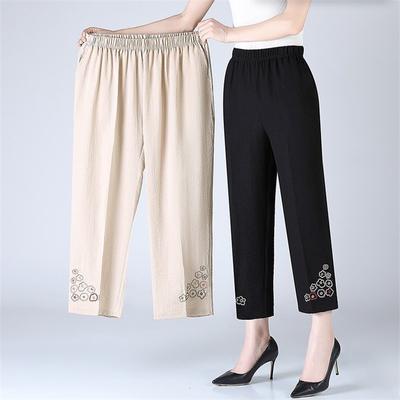 Plus Size Embroidered Women's Straight Leg Pants Summer High Waisted Breathable Women's Retro Korean Elastic Waist Pants