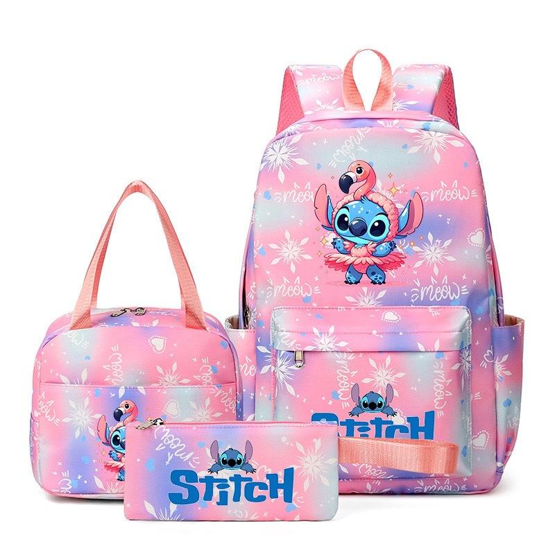 Stitch 3-teiliges Rucksack-Set für Jungen und Mädchen, Rucksack mit Campus-Cartoon-Print, Große Kapazität für Outdoor-Reisen