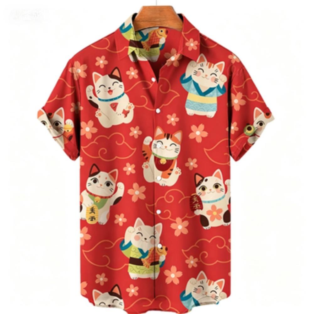 2026 Camicia Hawaiana Stampata Gatti Estiva da Uomo per Vacanza al Mare Top Casual Ampio Quotidiano