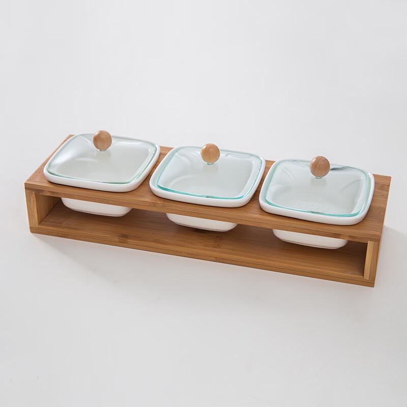 Qianxing 3-Dish Ceramic Snack Platter with Bamboo Tray & Glass Lids (2-Pack)