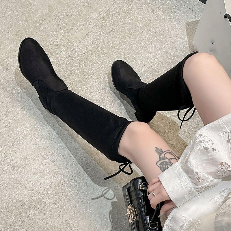 High-heeled elastic thin boots French high boots but knee boots 2025 autumn and winter new small thick heels