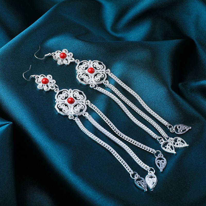 

Серьги Монгольское Серебро Орнамент Элементы Длинные Серьги с Бахромой Этнические Аксессуары для Танцевальных Выступлений Клипса для Ушей Red