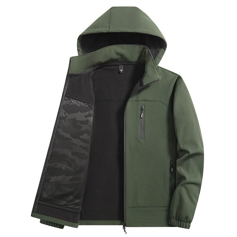 Mens Softshell Jacket With Detachable Hood Waterproof Windproof Outdoor Workwear Multi-Pocket Fall Winter Wear